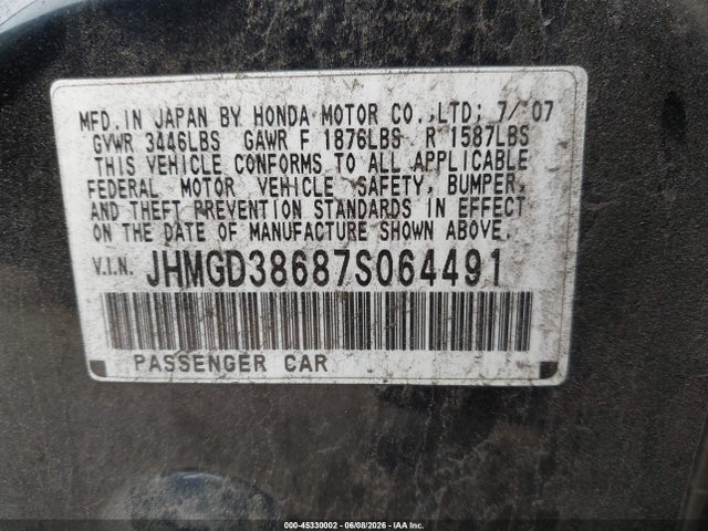 Aukcja sprzedaży 2007 Honda Fit Sport, vin: JHMGD38687S064491, numer aukcji: 45330002
