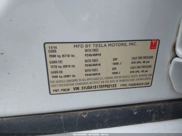 Aukcja sprzedaży 2014 Tesla Model S, vin: 5YJSA1S17EFP62123, numer aukcji: 45330005