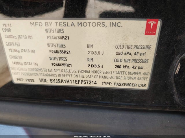 Tesla Model S P85 2014 5YJSA1H11EFP57314 Image 9
