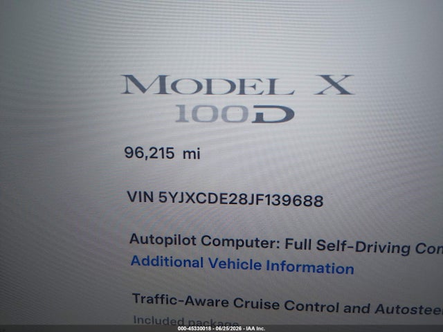 45330018 :رقم المزاد ، 5YJXCDE28JF139688 vin ، 2018 Tesla Model X مزاد بيع