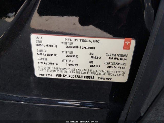 45330018 :رقم المزاد ، 5YJXCDE28JF139688 vin ، 2018 Tesla Model X مزاد بيع
