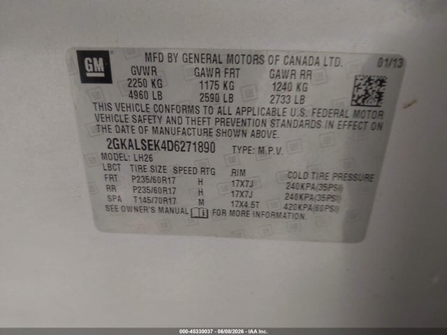Продажа на аукционе авто 2013 Gmc Terrain Sle-2, vin: 2GKALSEK4D6271890, номер лота: 45330037