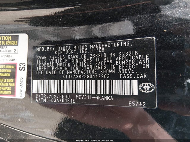 45330077 :رقم المزاد ، 4T1FA38P58U147263 vin ، 2008 Toyota Camry Solara Se مزاد بيع