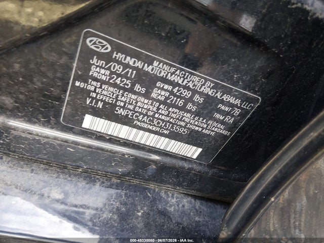 2012 Hyundai Sonata Limited მანქანა იყიდება აუქციონზე, vin: 5NPEC4AC3CH313595, აუქციონის ნომერი: 45330080