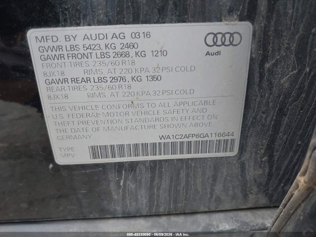 Aukcja sprzedaży 2016 Audi Q5 2.0t Premium, vin: WA1C2AFP8GA116644, numer aukcji: 45330090