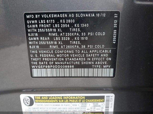 2013 Volkswagen Touareg Vr6 Sport მანქანა იყიდება აუქციონზე, vin: WVGEF9BP0DD008886, აუქციონის ნომერი: 45330092