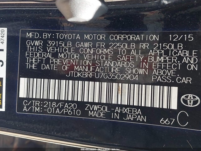 45330093 :رقم المزاد ، JTDKBRFU7G3502904 vin ، 2016 Toyota Prius Two مزاد بيع