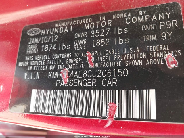 Продаж на аукціоні авто 2012 Hyundai Accent Gls, vin: KMHCT4AE8CU206150, номер лоту: 45330094