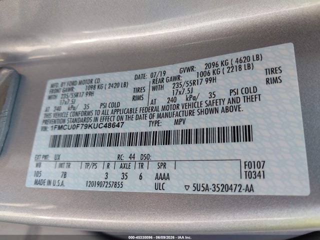 Aukcja sprzedaży 2019 Ford Escape S, vin: 1FMCU0F79KUC48647, numer aukcji: 45330096