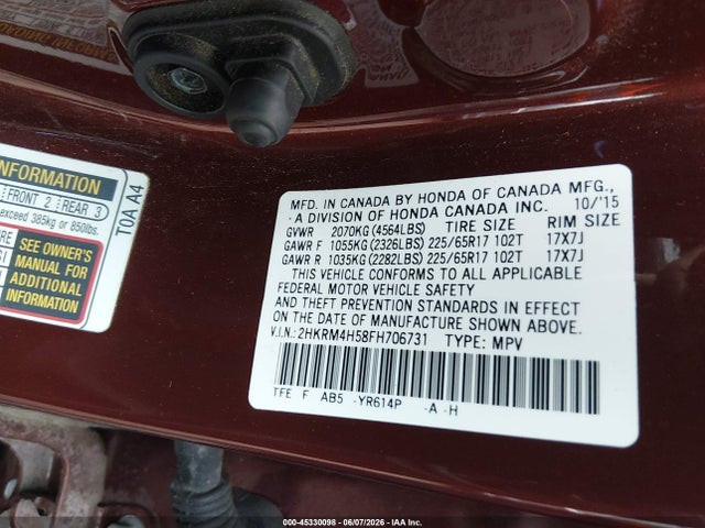 Aukcja sprzedaży 2015 Honda Cr-v Ex, vin: 2HKRM4H58FH706731, numer aukcji: 45330098