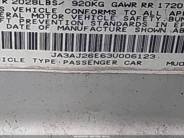 45330102 :رقم المزاد ، JA3AJ26E63U006123 vin ، 2003 Mitsubishi Lancer Es مزاد بيع