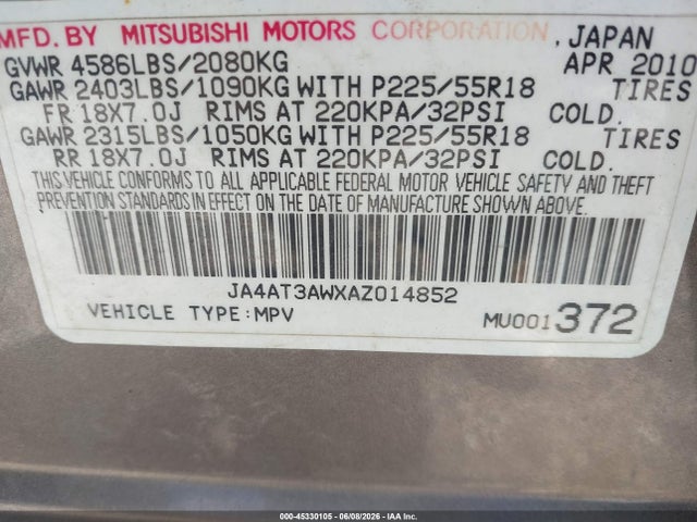 2010 Mitsubishi Outlander Se მანქანა იყიდება აუქციონზე, vin: JA4AT3AWXAZ014852, აუქციონის ნომერი: 45330105