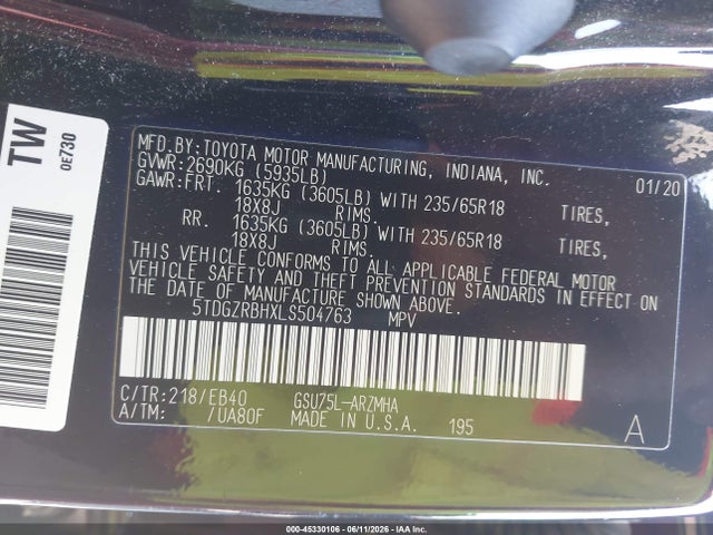 5TDGZRBHXLS504763 Toyota Highlander Xle