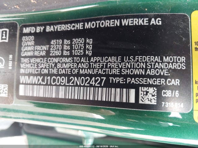 Продажа на аукционе авто 2020 Mini Clubman Cooper S, vin: WMWXJ1C09L2N02427, номер лота: 45330112