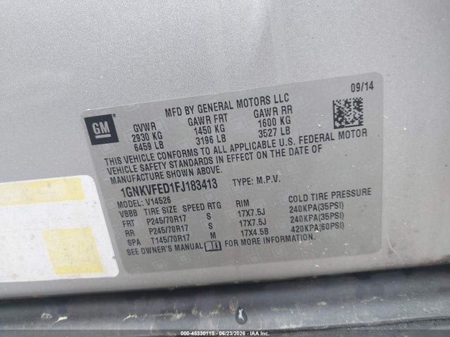 2015 Chevrolet Traverse Ls მანქანა იყიდება აუქციონზე, vin: 1GNKVFED1FJ183413, აუქციონის ნომერი: 45330115