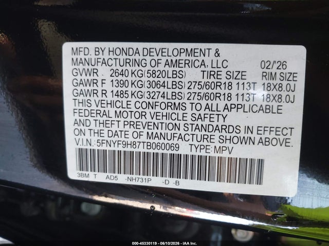 45330119 :رقم المزاد ، 5FNYF9H87TB060069 vin ، 2026 Honda Passport مزاد بيع