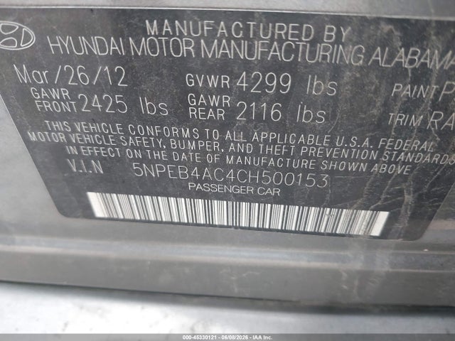 Aukcja sprzedaży 2012 Hyundai Sonata Gls, vin: 5NPEB4AC4CH500153, numer aukcji: 45330121