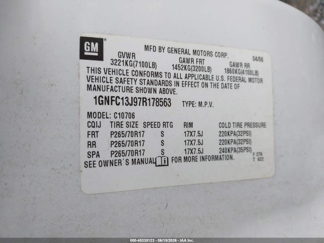 Продаж на аукціоні авто 2007 Chevrolet Tahoe Lt, vin: 1GNFC13J97R178563, номер лоту: 45330123