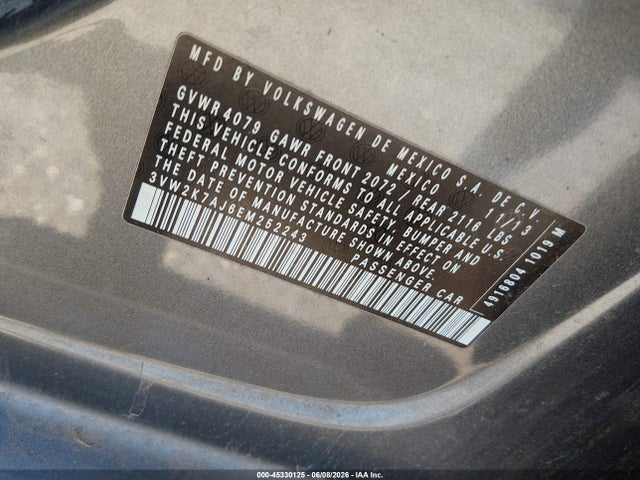 2014 Volkswagen Jetta 2.0l S მანქანა იყიდება აუქციონზე, vin: 3VW2K7AJ6EM252243, აუქციონის ნომერი: 45330125