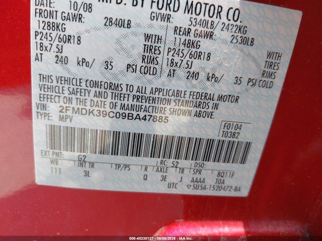 Продаж на аукціоні авто 2009 Ford Edge Limited, vin: 2FMDK39C09BA47885, номер лоту: 45330127