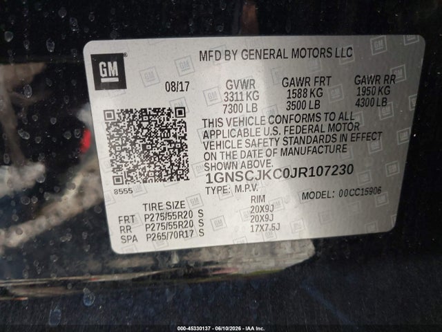 2018 Chevrolet Suburban Premier მანქანა იყიდება აუქციონზე, vin: 1GNSCJKC0JR107230, აუქციონის ნომერი: 45330137