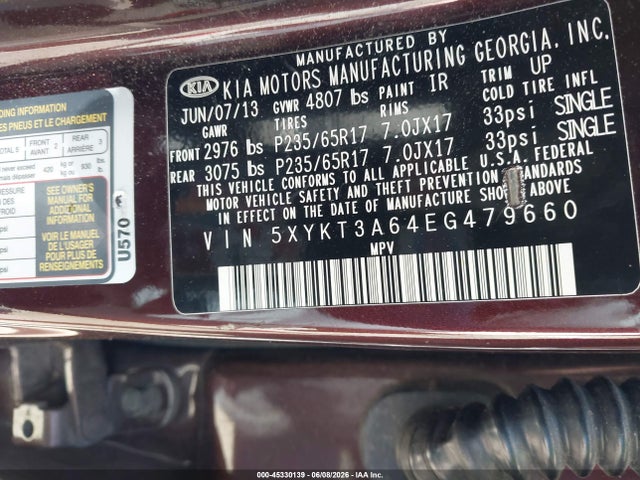 45330139 :رقم المزاد ، 5XYKT3A64EG479660 vin ، 2014 Kia Sorento Lx مزاد بيع