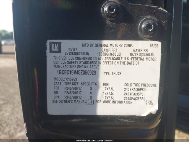 45330148 :رقم المزاد ، 1GCEC19V45Z350929 vin ، 2005 Chevrolet Silverado 1500 Ls مزاد بيع