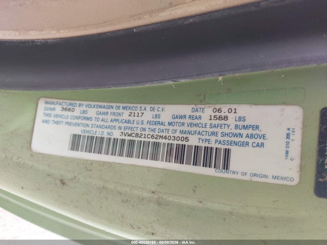Продаж на аукціоні авто 2002 Volkswagen New Beetle Gls, vin: 3VWCB21C62M403005, номер лоту: 45330165