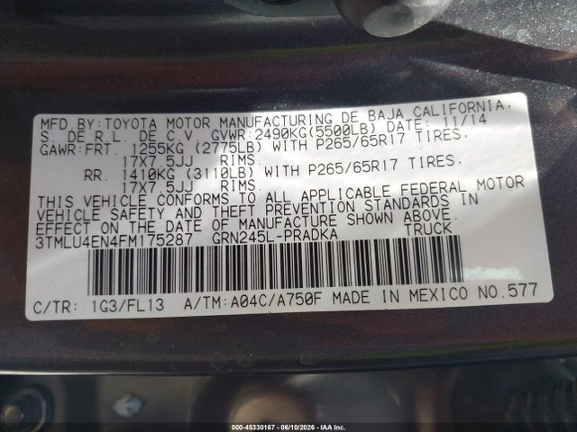 Aukcja sprzedaży 2015 Toyota Tacoma Base V6, vin: 3TMLU4EN4FM175287, numer aukcji: 45330167