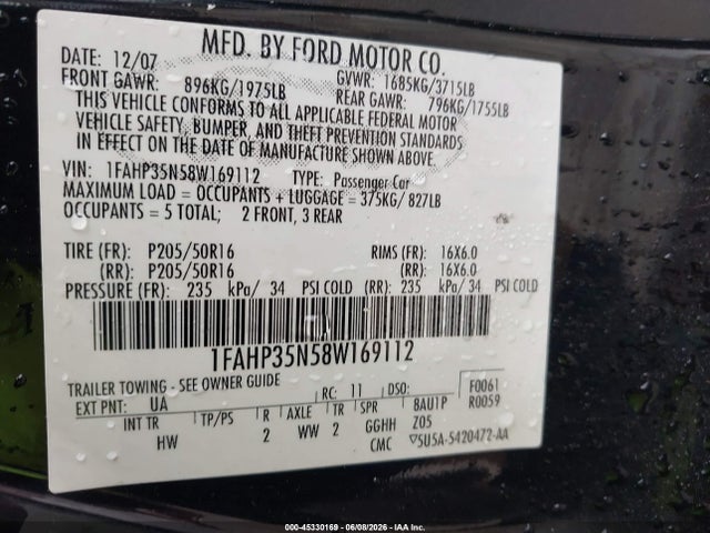 Aukcja sprzedaży 2008 Ford Focus Se/ses, vin: 1FAHP35N58W169112, numer aukcji: 45330169