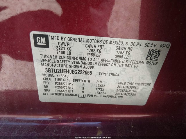 Продаж на аукціоні авто 2014 Gmc Sierra 1500 Sle, vin: 3GTU2UEH0EG222056, номер лоту: 45330174
