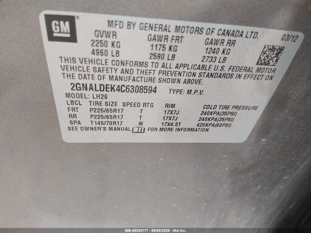 Продаж на аукціоні авто 2012 Chevrolet Equinox 1lt, vin: 2GNALDEK4C6308594, номер лоту: 45330177