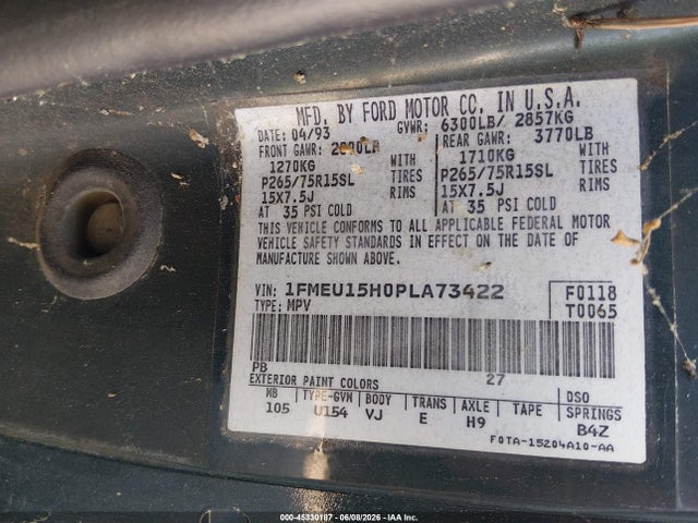Продаж на аукціоні авто 1993 Ford Bronco U100, vin: 1FMEU15H0PLA73422, номер лоту: 45330187
