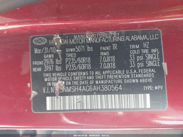 45330189 :رقم المزاد ، 5NMSH4AG6AH380564 vin ، 2010 Hyundai Santa Fe Se مزاد بيع