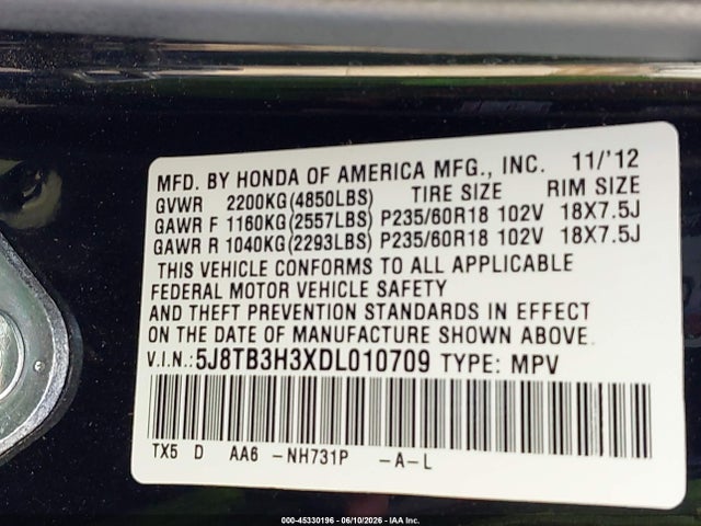 45330196 :رقم المزاد ، 5J8TB3H3XDL010709 vin ، 2013 Acura Rdx مزاد بيع