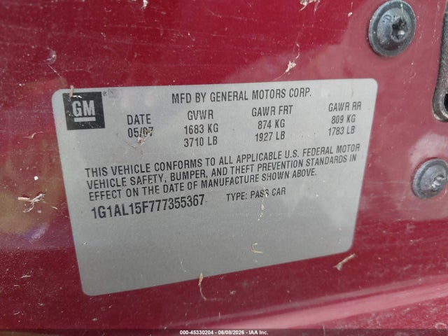 45330204 :رقم المزاد ، 1G1AL15F777355367 vin ، 2007 Chevrolet Cobalt Lt مزاد بيع
