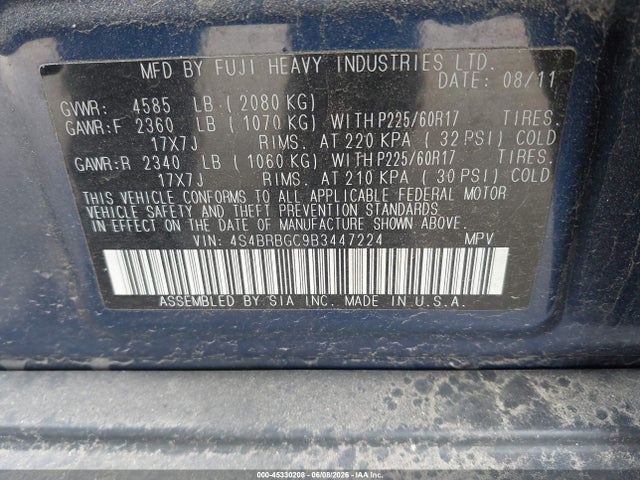 2011 Subaru Outback 2.5i Premium მანქანა იყიდება აუქციონზე, vin: 4S4BRBGC9B3447224, აუქციონის ნომერი: 45330208