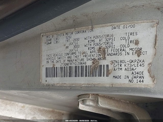 Aukcja sprzedaży 2000 Toyota 4runner Limited V6, vin: JT3GN87R7Y0159648, numer aukcji: 45330209