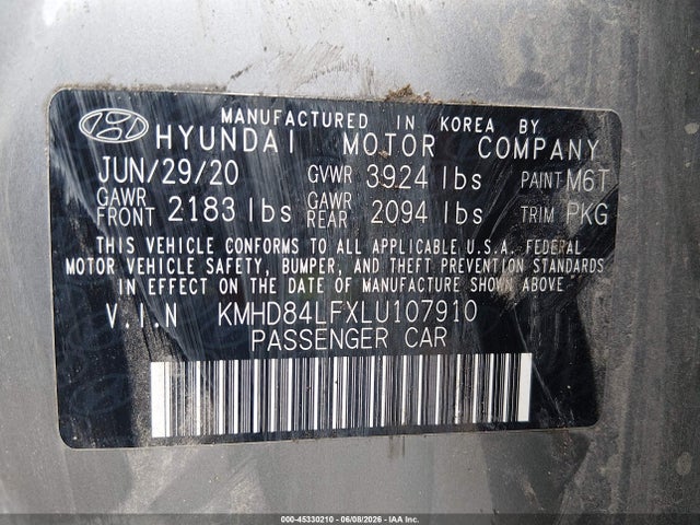 Aukcja sprzedaży 2020 Hyundai Elantra Sel, vin: KMHD84LFXLU107910, numer aukcji: 45330210