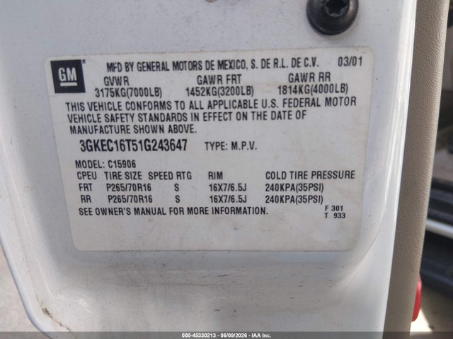 Aukcja sprzedaży 2001 Gmc Yukon Xl 1500 Slt, vin: 3GKEC16T51G243647, numer aukcji: 45330213