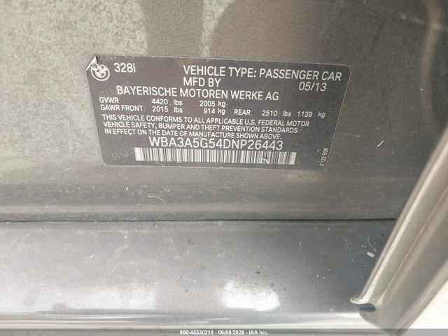 Продажа на аукционе авто 2013 Bmw 328i, vin: WBA3A5G54DNP26443, номер лота: 45330218