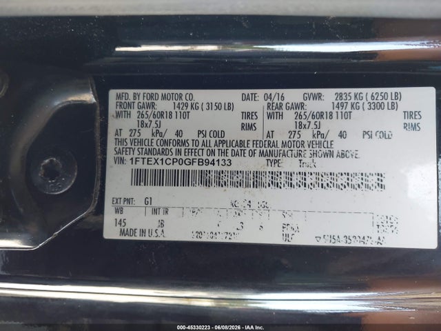 Aukcja sprzedaży 2016 Ford F-150 Xlt, vin: 1FTEX1CP0GFB94133, numer aukcji: 45330223