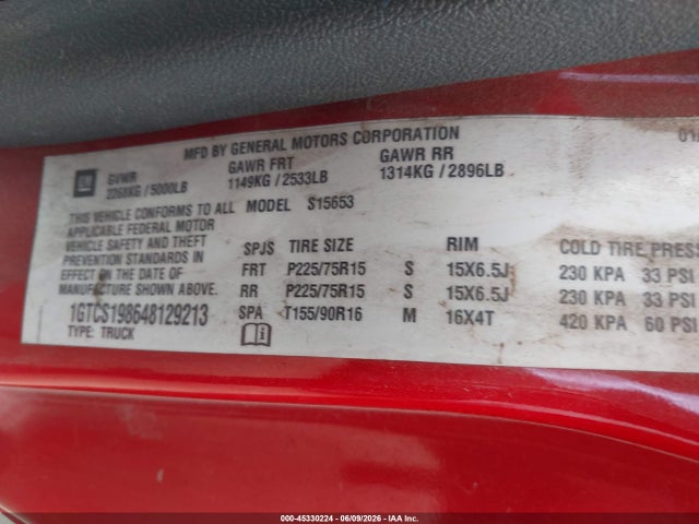 Aukcja sprzedaży 2004 Gmc Canyon Sle, vin: 1GTCS198648129213, numer aukcji: 45330224