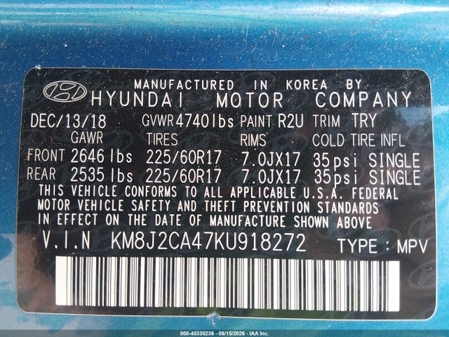 2019 Hyundai Tucson Se მანქანა იყიდება აუქციონზე, vin: KM8J2CA47KU918272, აუქციონის ნომერი: 45330236