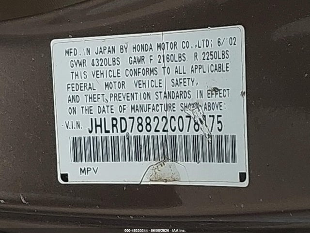 Aukcja sprzedaży 2002 Honda Cr-v Ex, vin: JHLRD78822C078475, numer aukcji: 45330244