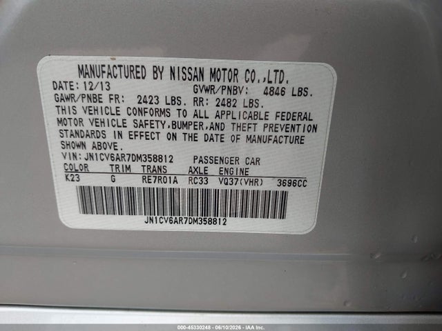 2013 Infiniti G37x მანქანა იყიდება აუქციონზე, vin: JN1CV6AR7DM358812, აუქციონის ნომერი: 45330248