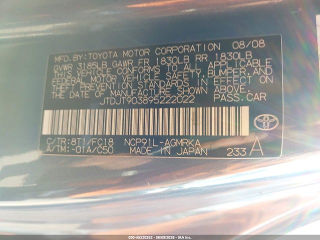 Aukcja sprzedaży 2009 Toyota Yaris, vin: JTDJT903895222022, numer aukcji: 45330252