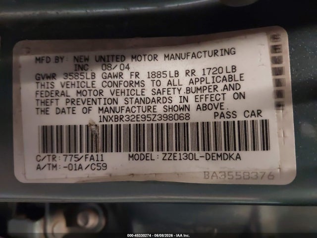 Aukcja sprzedaży 2005 Toyota Corolla Ce, vin: 1NXBR32E95Z398068, numer aukcji: 45330274