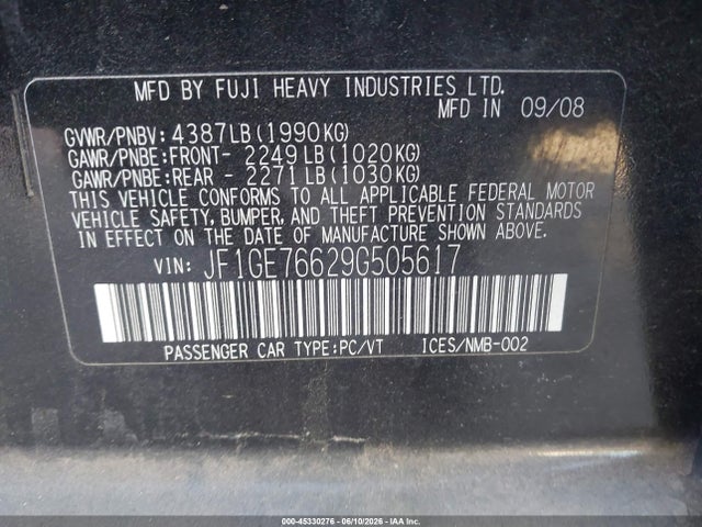 Aukcja sprzedaży 2009 Subaru Impreza Wrx, vin: JF1GE76629G505617, numer aukcji: 45330276
