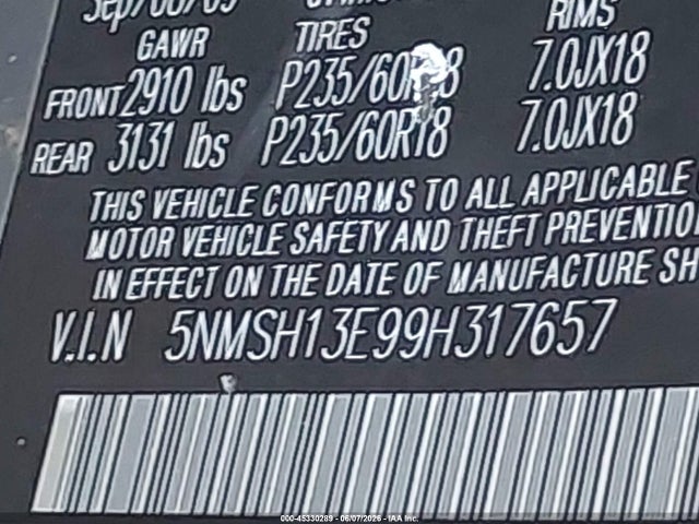 45330289 :رقم المزاد ، 5NMSH13E99H317657 vin ، 2009 Hyundai Santa Fe Se مزاد بيع